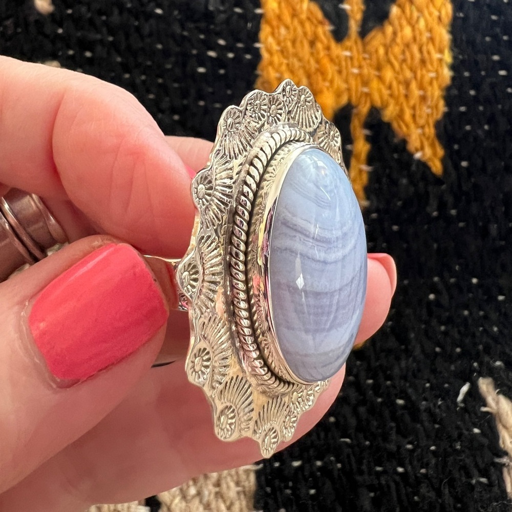 ❤️ Blue Lace Agate 925 Southwestern Navajo Statement 19.5Gm Ring Sz 10 1.52”L - Picture 3 of 14